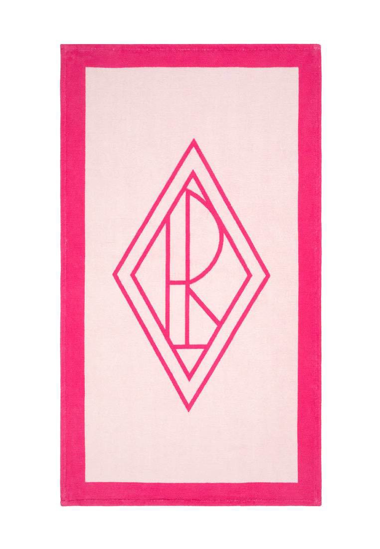 Ροζ και κρεμ υφαντό χαλί με γεωμετρικό σχέδιο δι αμαντιού σε έντονο ροζ, με στενό ροζ περιθώριο και απαλό υφή.