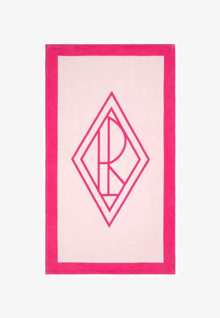 Ροζ και κρεμ υφαντό χαλί με γεωμετρικό σχέδιο διαμαντιού σε έντονο ροζ, με στενό ροζ περιθώριο και απαλό υφή.