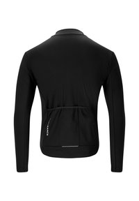 Maillot de cyclisme à manches longues noir avec un tissu texturé, une poche arrière et des détails réfléchissants près de l'ourlet.