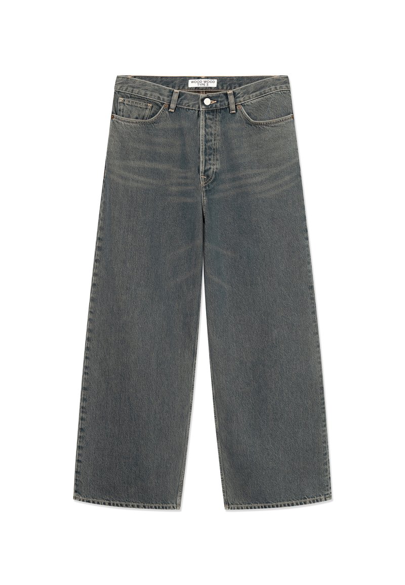 Wide-leg jeans in faded grey denim. Features a high waist, five-pocket design, and subtle texture variations. Metal button closure at the front.
