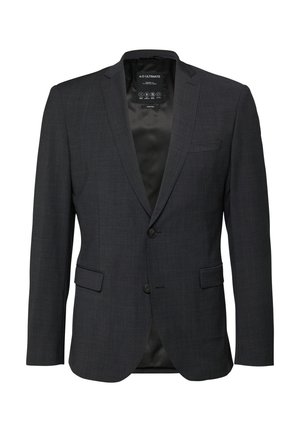 Donkergrijs herenjasje met inkeping in de revers, twee knopen, klepzakken, borstzak en zwarte satijnen voering.