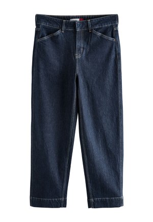 Mørkeblå straight-leg denimjeans med forlommer og bæltestropper, vist fladt på en hvid baggrund.