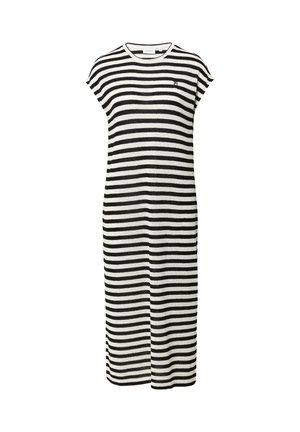 Zwart-wit gestreepte midi-jurk met korte mouwen, ronde halslijn en zijsplitten. Gemaakt van een zachte brei-stof, met een klein logo.