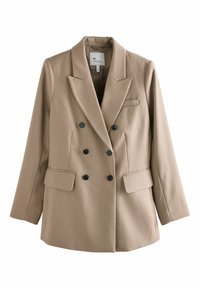 Sacou bej cu două rânduri de nasturi, realizat dintr-un material texturat, cu nasturi negri, două buzunare frontale și rever decupat.