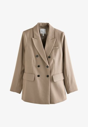 Beige dobbeltradet blazer lavet af tekstureret stof med sorte knapper, to lommer foran og en revers med hak.