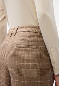 Bruine geruite broeken met een getailleerde pasvorm, voorzien van een platte voorkant, tailleband met riemlussen en een achterzak. Glad crèmekleurig shirt zichtbaar.