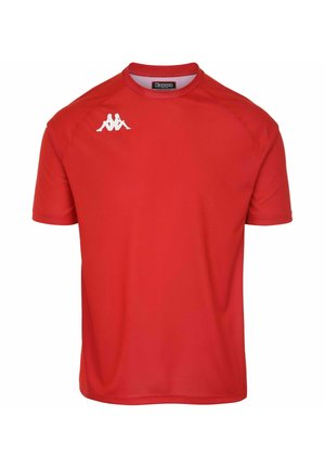 T-shirt de sport rouge à manches courtes, col rond, fabriqué en matériau léger. Présence d'un logo blanc sur la poitrine gauche.