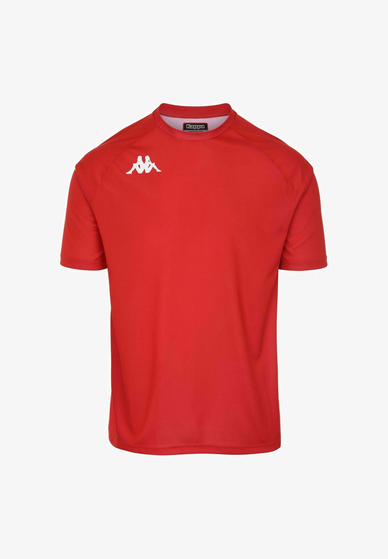 T-shirt de sport rouge à manches courtes, col rond, fabriqué en matériau léger. Présence d'un logo blanc sur la poitrine gauche.