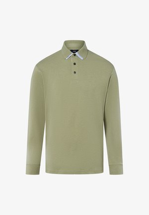 Light green long-sleeve polo shirt, featuring a classic collar with a blue and white accent, three-button placket, and textured fabric.
