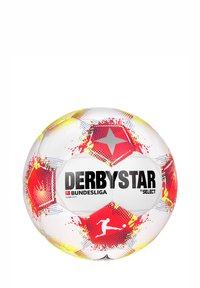 Pallone da calcio con una combinazione di colori bianco, rosso e giallo. Presenta motivi a stella e i loghi "DERBYSTAR" e "BUNDESLIGA" in nero bold.