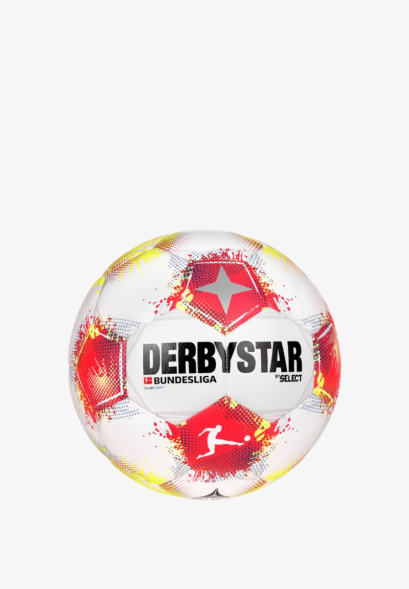 Pallone da calcio con una combinazione di colori bianco, rosso e giallo. Presenta motivi a stella e i loghi "DERBYSTAR" e "BUNDESLIGA" in nero bold.