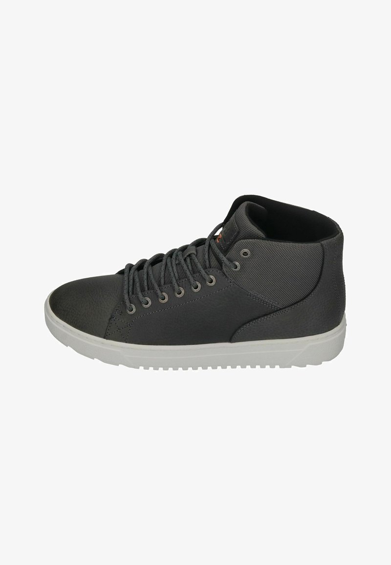 High-top sneaker in dark gray synthetic leather and textured fabric with white rubber sole. Features metal eyelets and flat laces.