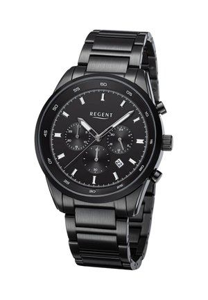 Black metal Regent wristwatch with chronograph dials, silver hour markers, date display, and linked bracelet strap.