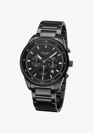 Black metal Regent wristwatch with chronograph dials, silver hour markers, date display, and linked bracelet strap.