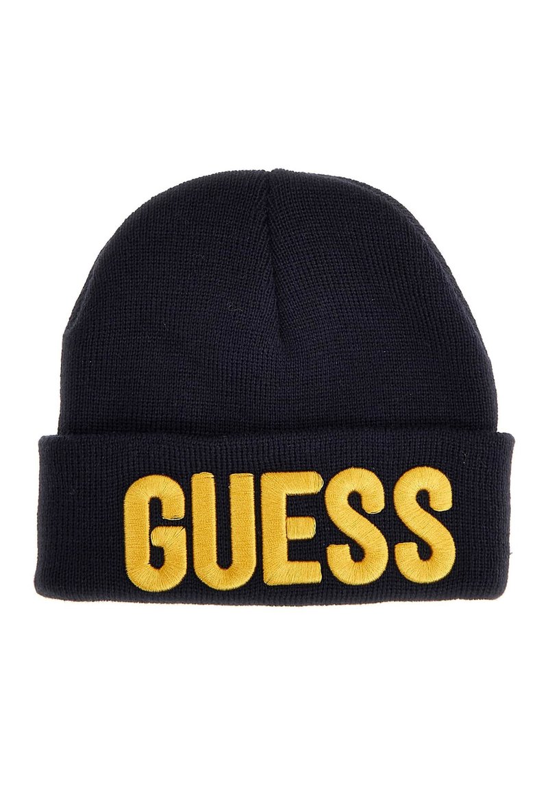 Granatowa dzianinowa czapka z podwiniętym mankietem, z wyrazistym, żółtym haftowanym napisem "GUESS". Gładka tekstura, prosty design i dopasowaneos.