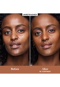 Primer plano de una mujer, mostrando su piel natural a la izquierda y una piel más suave y uniforme después de la aplicación del maquillaje a la derecha.