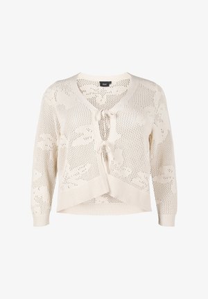 Strickjacke in Hellbeige mit floralem Muster, offener Vorderseite, Bindeschluss und geripptem Saum und Bündchen. Atmungsaktiver, strukturierten Stoff.