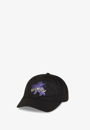 Zwarte honkbalpet met een paars gevleugeld leeuwenlogo en de tekst "grimey" geborduurd op het midden aan de voorkant.