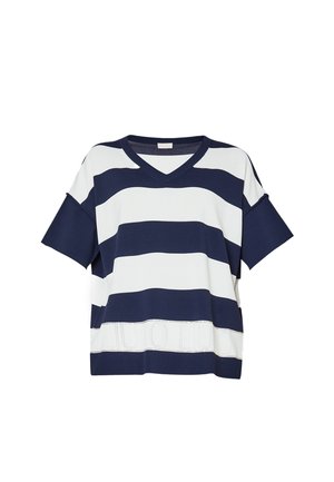 Maglia a righe in maglia con strisce orizzontali navy e bianche, scollatura a V, maniche corte e orlo testurizzato con dettagli a taglio.