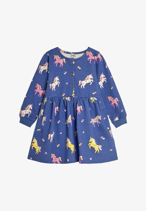 Rochie albastră cu mânecă lungă, cu fermeture cu nasturi, având imprimeuri colorate cu unicorni și flori, talie adunată și manșete cu falduri.