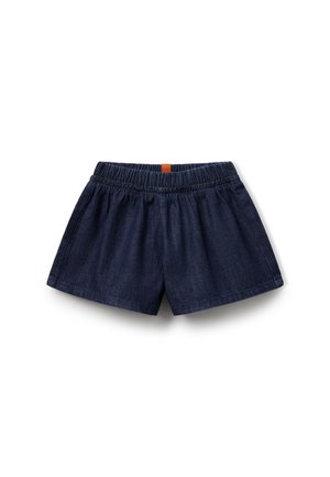Bermuda jeans di colore blu scuro, con una cintura elastica, vestibilità ampia e pieghe laterali per il massimo comfort. Design semplice e funzionale.