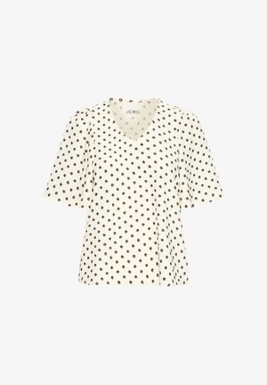 Valge V-kaelusega pluus musta lillepunkti mustriga ja lühikeste, veidi lõhestatud varrukatega.