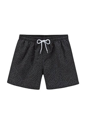 Schwarze Badehose mit weißem elastischem Bund und Kordelzug, mit diagonalem BENCH-Markenmuster.