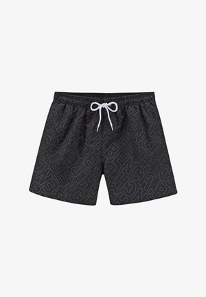 Schwarze Badehose mit weißem elastischem Bund und Kordelzug, mit diagonalem BENCH-Markenmuster.