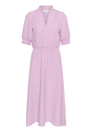 Hellviolettes Midikleid mit dünnen vertikalen Streifen, V-Ausschnitt, puffigen Ellbogen-langen Ärmeln sowie elastischem Taillen- und Bündchenbereich.