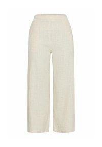 Brede broek van lichtbeige linnenstof. Heeft een soepele tailleband, een losse pasvorm en een subtiele textuur met minimale stikdetails.