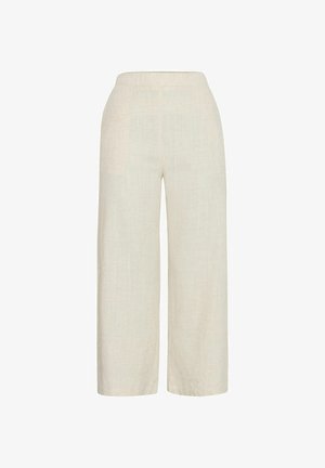 Pantalons à jambes larges en lin beige clair. Présentent une taille lisse, une coupe ample et une texture subtile avec des détails de couture minimaux.