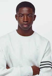 Light gray sweatshirt with black striped accents on the sleeves, featuring a crew neckline and smooth texture. Model poses with arms crossed.