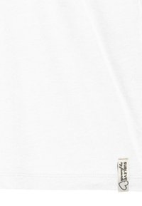 White cotton T-shirt with a smooth texture and a stitched hem. Features a label with "SUBLEVEL" and a heart graphic on the side.