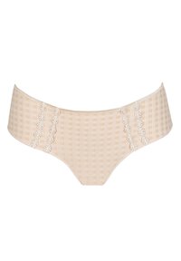 Beige patterned underwear featuring a checkered design, with delicate lace accents on the sides and a smooth waistband.