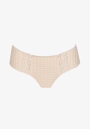 Beżowa bielizna o wzorze w kratkę, z delikatnymi koronkowymi akcentami po bokach i gładką talią.