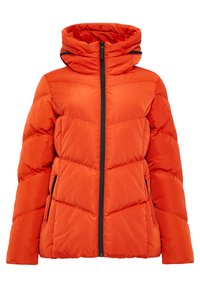 Doudoune orange vif, arborant un col montant, une fermeture éclair, et deux poches latérales, avec des détails matelassés et une finition texturée.