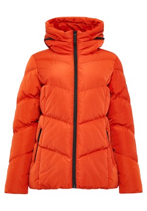 Pufferjack in helder oranje, met een hoge kraag, ritsluiting en twee zijzakken, afgewerkt met een gewatteerd detail en een gestructureerde afwerking.