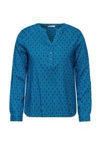 Blouse à manches longues bleu vif avec un motif en losange et un décolleté en encoche, dotée de boutons et d'une coupe décontractée.