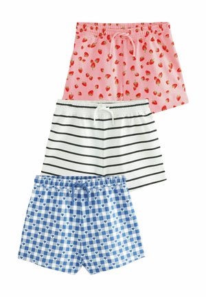 Tri par shorts: roza z rdečimi jagodami, bela s črnimi črtami in modra karirasta s srčastimi vzorci. Elastični pasovi z vrvico.