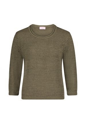 Sweter w kolorze oliwkowej zieleni, wykonany na drutach, z okrągłym dekoltem i rękawami o długości do łokcia, prezentowany na białym tle.