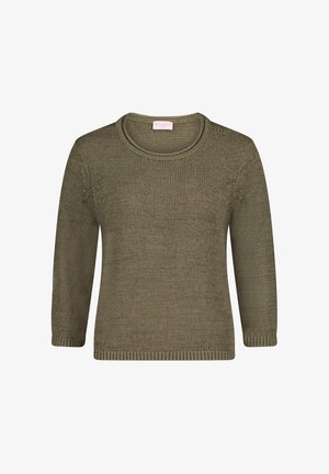 Sweter w kolorze oliwkowej zieleni, wykonany na drutach, z okrągłym dekoltem i rękawami o długości do łokcia, prezentowany na białym tle.