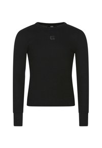 Zwarte geribde langemouwen shirt met een ronde hals, getailleerde pasvorm en subtiele logo-detail op de borst. Rekbare stof met een textuurafwerking.