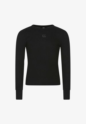 T-shirt noir à manches longues côtelées avec un col rond, silhouette ajustée et détail de logo subtil sur la poitrine. Tissu extensible avec finition texturée.