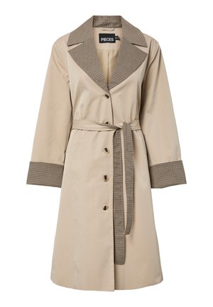 Beige trenchcoat med hundetanns-mønster på krage, mansjetter og belte, med knappelukking foran og lange ermer.