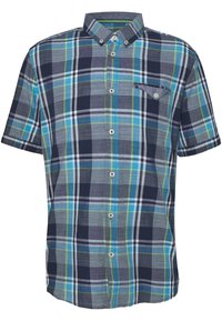 Kortärmad rutmönstrad skjorta i marinblått, grått och turkost med gröna detaljer. Har knappkrage och bröstficka. Texturerat tyg.