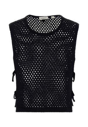 Czarna, bezrękawnikowa kamizelka z dzianiny na szydełku, z bocznymi wiązaniami, okrągłym dekoltem i metką z napisem "Guess" w rozmiarze XS/S.