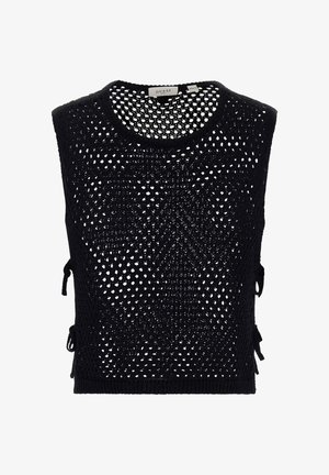 Schwarze ärmellose Häkelweste mit seitlichen Bändern, rundem Ausschnitt und einem Etikett mit der Aufschrift "Guess" in Größe XS/S.