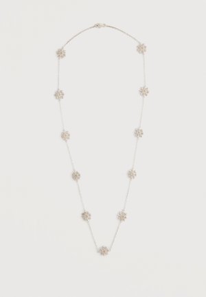 Zilveren ketting met tien gelijkmatig verdeelde hangertjes in bloemvorm op een lichte achtergrond.