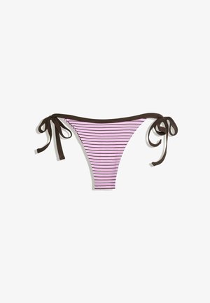 Pink and black striped bikini bottom with black side ties on a white background.