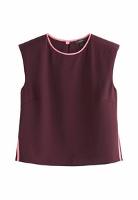 Sleeveless top in deep burgundy with a pink collar and side accents. Smooth texture, boxy design. Button closure at the back.
